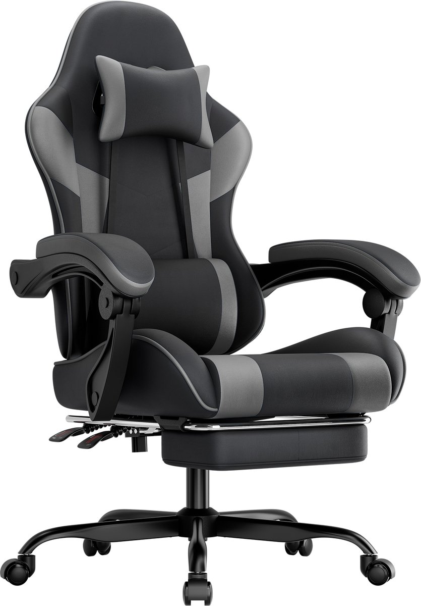 Ergonomische Gaming Stoel - Met lendensteun - Ademend PU-leer - Verstelbare zithoogte en rugleuning - Belastbaar tot 200 kg - Comfortabele zwartgrijze stoel