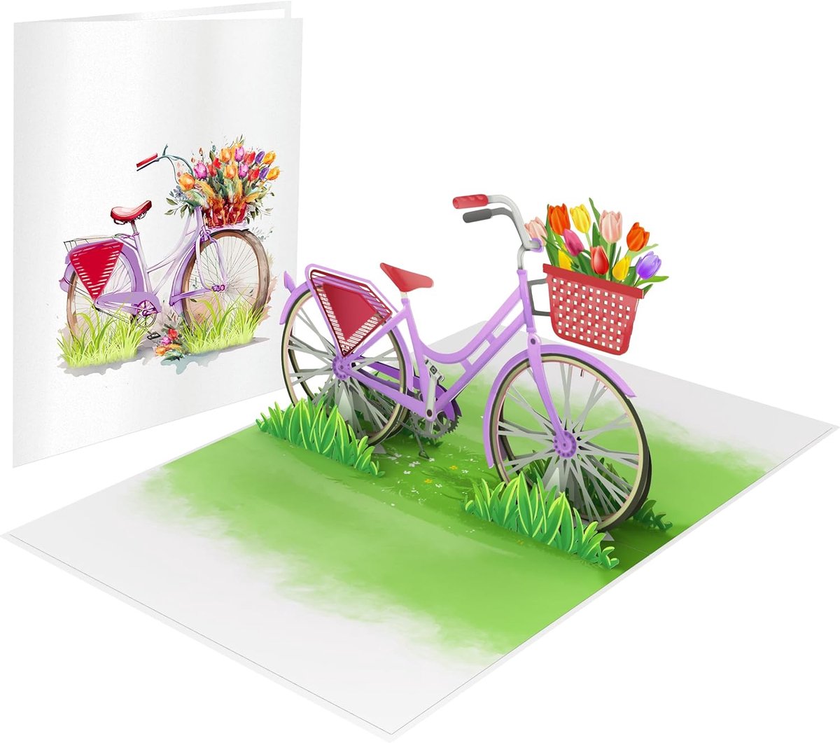 SnelShoppen - Pop-up 3D Fleurs Fiets Kaart - Verjaardag Kaart - Vriendschap Kaart - Cadeaukaart - Roze Meisjesfiets met Rode Bloemen - 12x17 cm - Perf