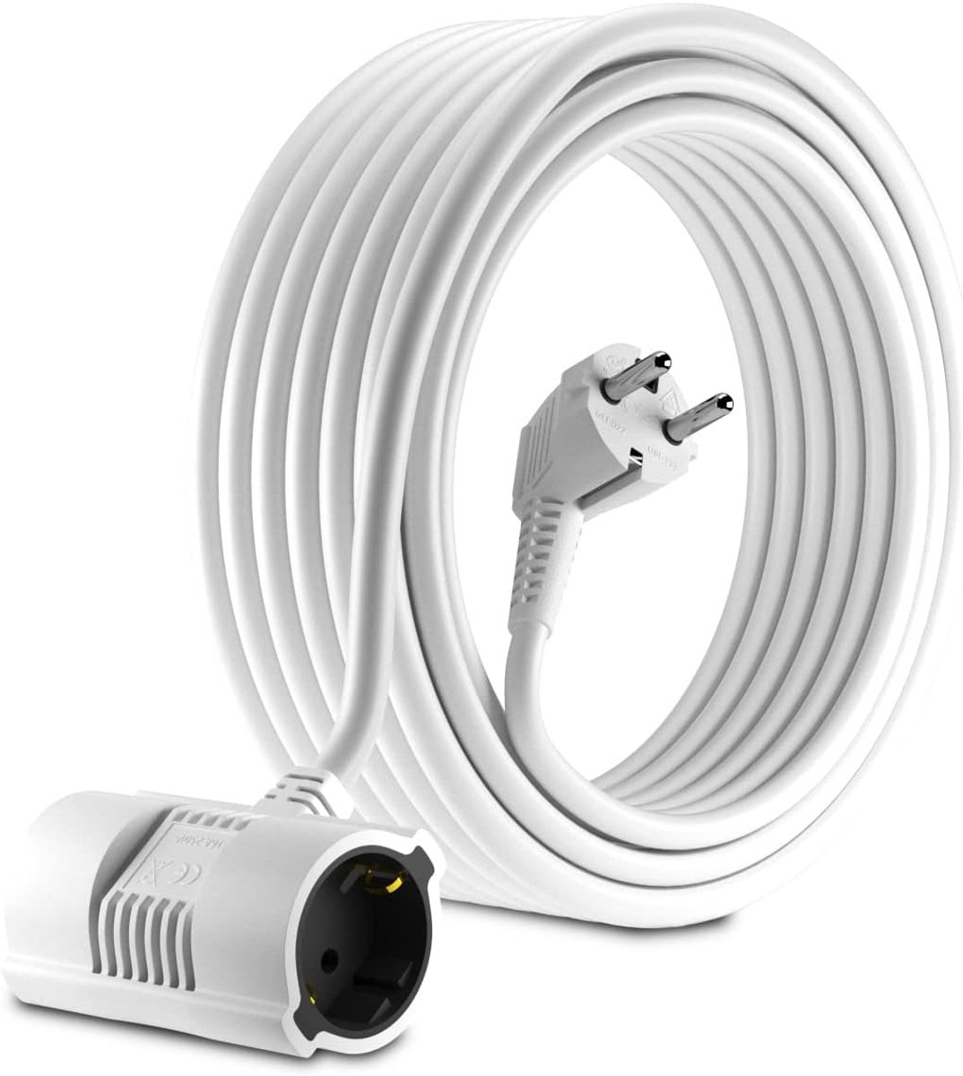 SnelShoppen - 15 m Schuko Verlengsnoer met 2-Way Stopcontacten - IP20 - 90° Gebogen EU Schuko Kabel - Geaard - Tot 250V 16A - Wit - Ideaal voor Thuis,