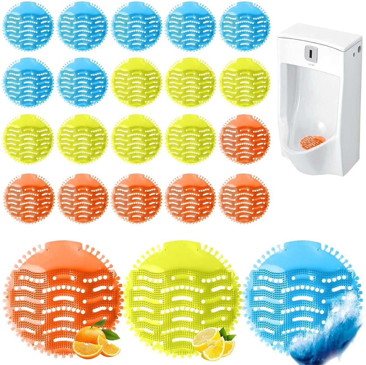 SnelShoppen - 24 Geurende Urinal Grates, Luchtverfrisser, Individuele Blokken, Universele Inzet met Spatbescherming, Ideaal voor Toilet, 3 Kleuren