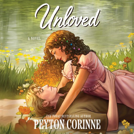 Een vrouw met krullend bruin haar en bloemen in haar haar, gekleed in een roze jurk, ligt op een man met blond haar in een groene omgeving met gele bloemen.