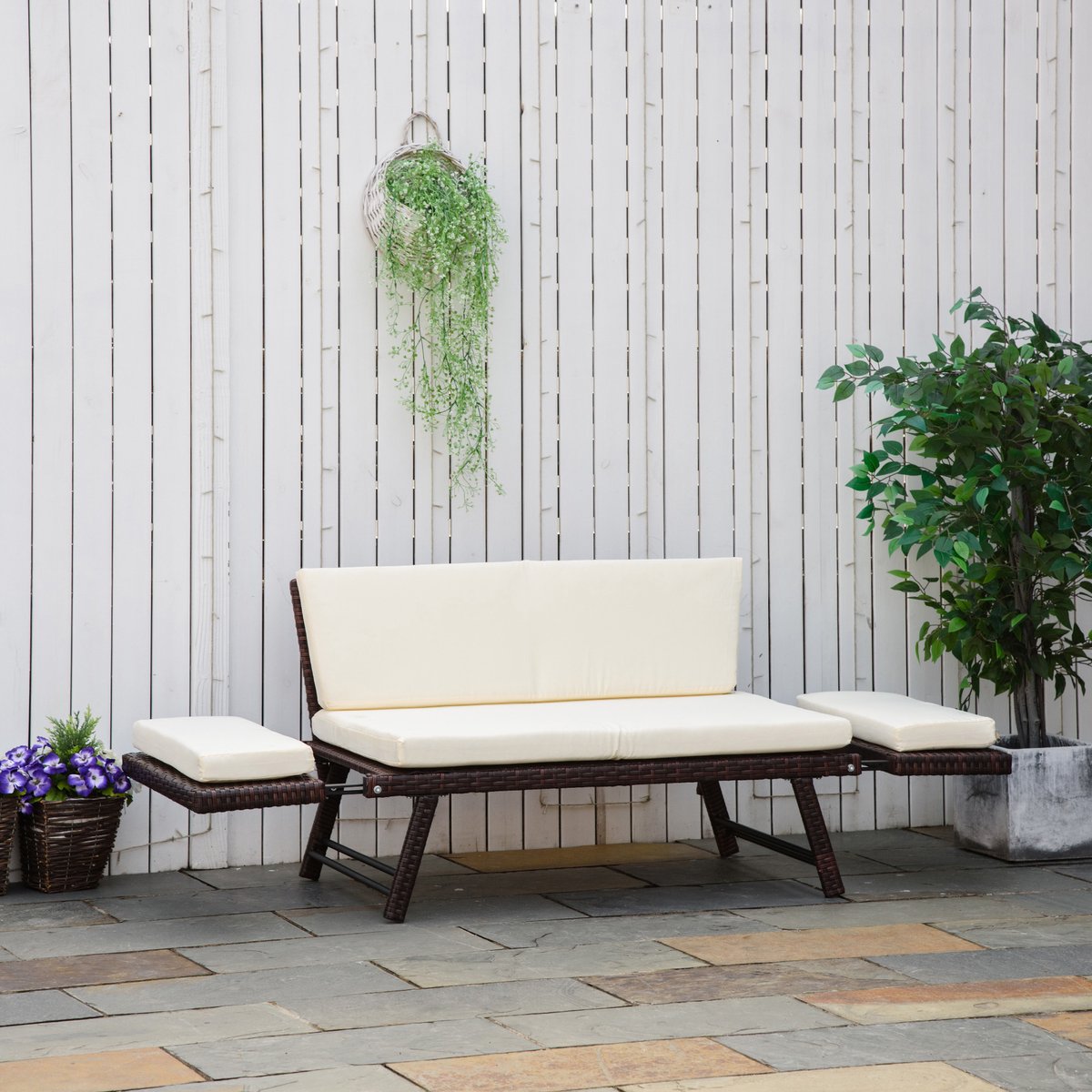 STILVORA Zitbank 129 x 63 x 67 cm - Uitklapbare Armleuningen En Relaxfunctie - Voor Tuin Terras En Balkon - Rotan En Staal - Bruin