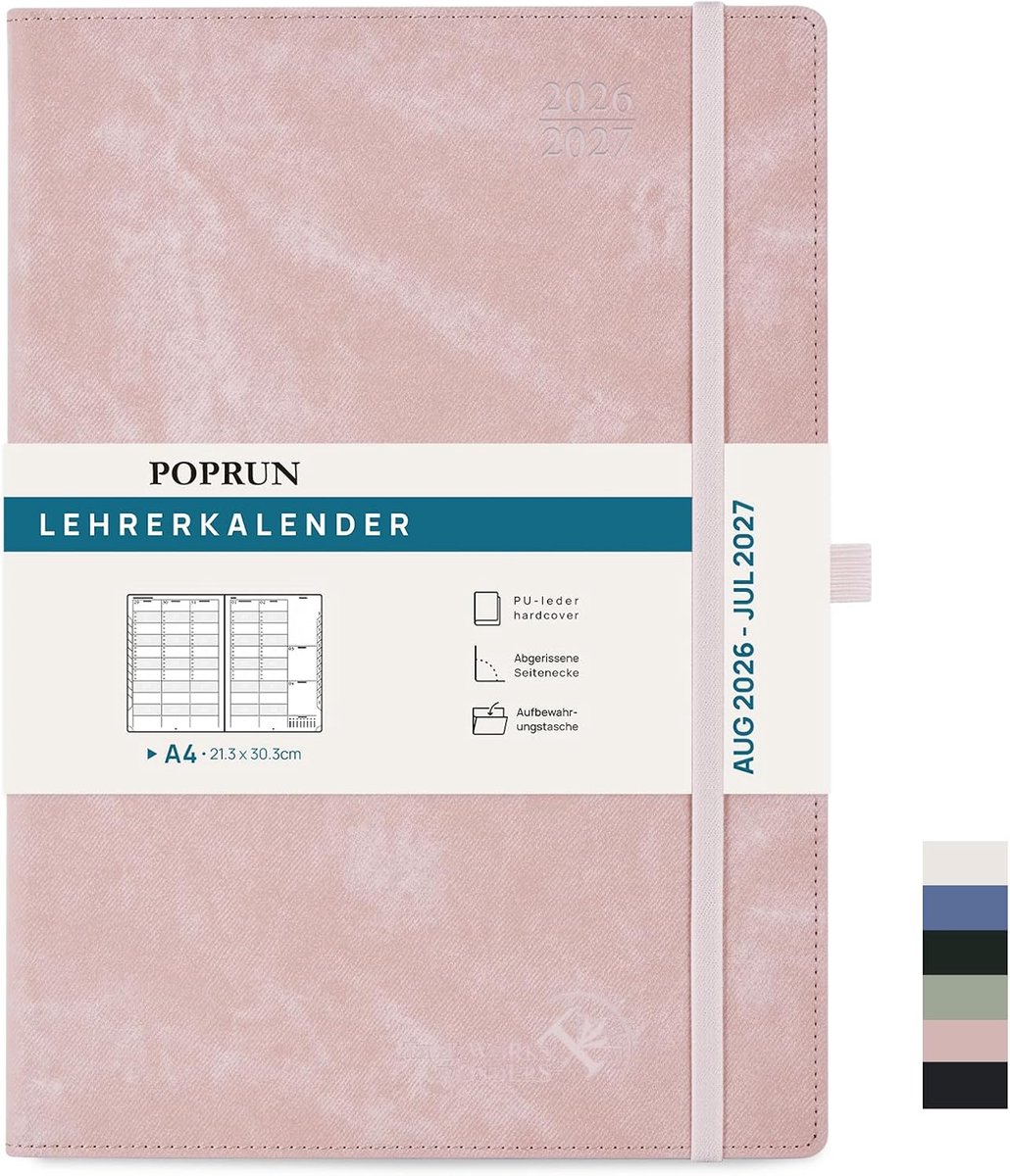 SnelShoppen - Teacher Agenda 2026-2027 DIN A4 - Lerarenplanner met Maandelijkse Register, PU Leer, Roze, Schoolplanner voor Onderwijs, Timetable, Klas
