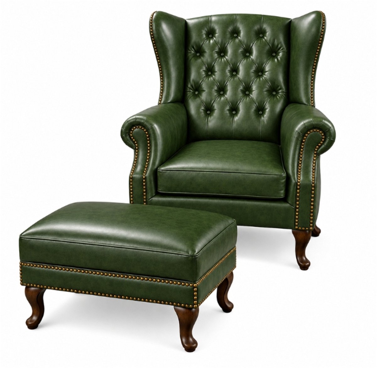 Chesterfield Fauteuil + Hocker - Groen - Leer - Stoel Chesterfield - Arm Chair - Lounge Chair - Clubfauteuil - Relaxfauteuil - Loungestoel - Zetel