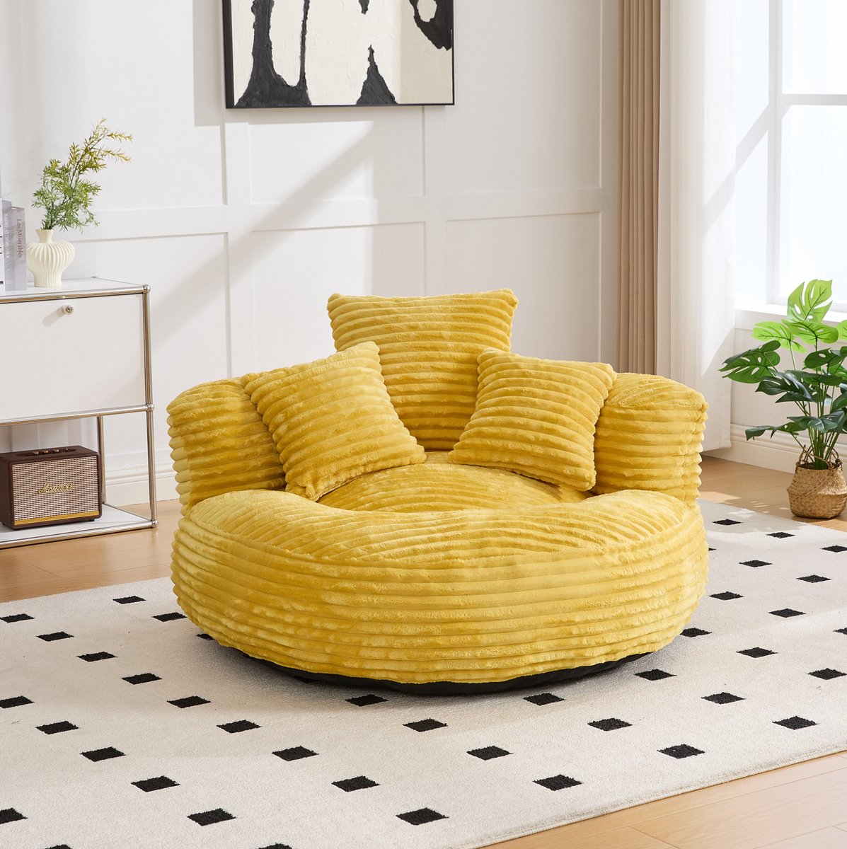 MODENUIT Zitzakstoel 108 x 108 x 52 cm - Hoge Rugleuning Met 3 Kussens - Voor Woonkamer - Ribstof Mosterdgeel