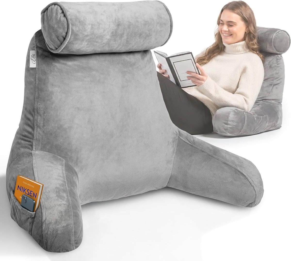 Thijox - Ella Leeskussen met Nekrol - Relax Kussen voor Ondersteuning Onderrug en Nek - Fluweel Antraciet - Ideaal voor Lui Lezen, Ontspanning, en Com