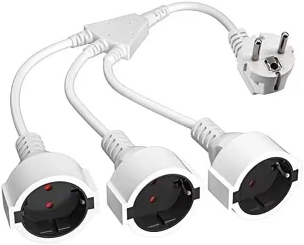 Thijox - Verlengkabel met 3 Stopcontacten, 3-in-1 Stekkeradapter, Flexibele Kabel, Geaard Contact, 250 V, 16 A, Wit, Voor Thuis, Buiten, Keuken, Kanto