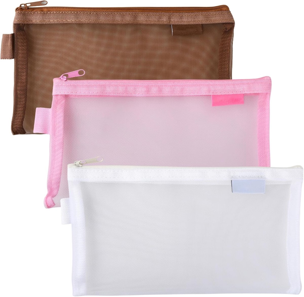 SnelShoppen - Transparante Schooletui Set van 3 - Grote Capaciteit Pennenetui - Duidelijk Netvak - Handige Make-uptas - Wit, Roze, Bruin - Perfect voo