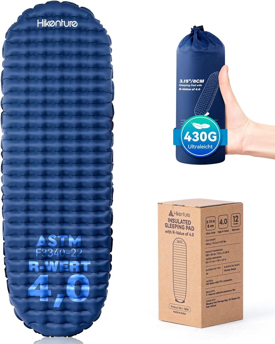 SnelShoppen - Ultralichte Campingmat 8 cm Dikte met R-waarde 4, Opblaasbare Slaapmat voor 4 Seizoenen, Ideaal voor Outdoor, Wandelen en Kamperen, Comp