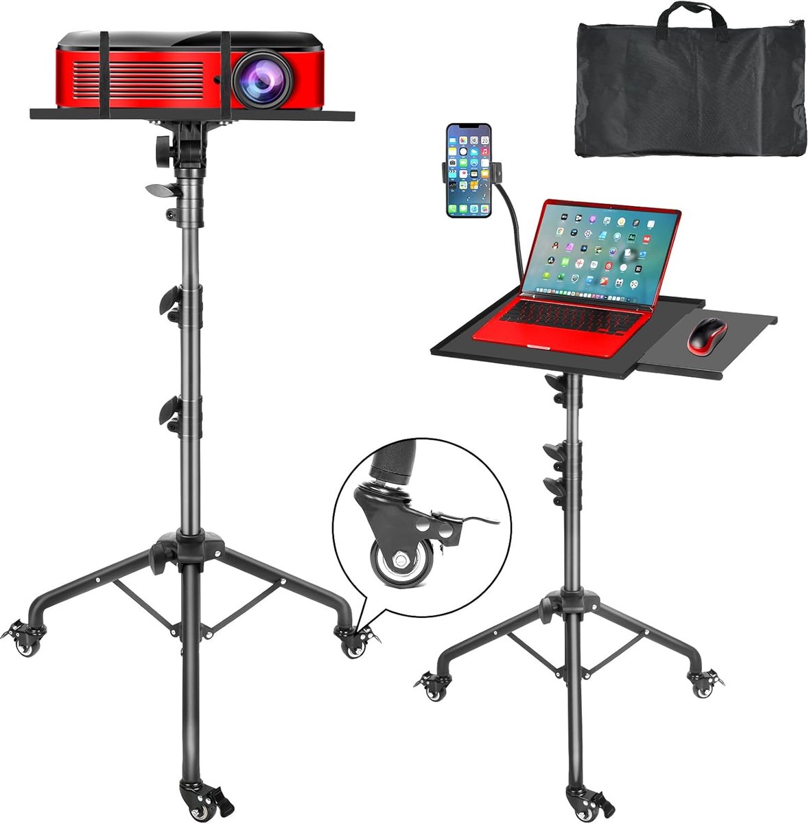 SnelShoppen - Hoogteverstelbaar Projectorstatief 66-160 cm, Draagbare Laptopvloerstandaard met Muislade, Telefoonhouder en Zwenkwielen voor Thuis, Kan