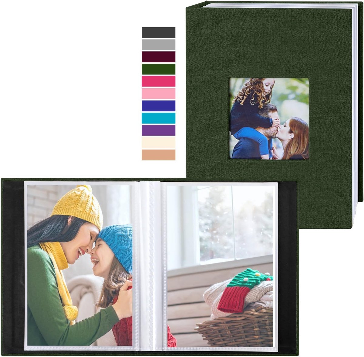 SnelShoppen - Fotoalbum 10 x 15 cm - 2x Klein Mini Insteekalbum voor 100 Portretfoto's - Groen Linnen - Perfect voor Feest, Camping, Kinderen, Tuin