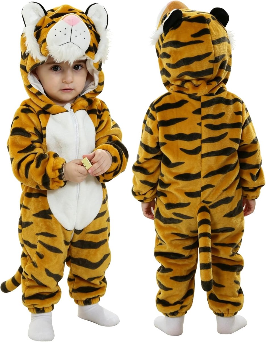 SnelShoppen - Baby Hooded Onesies Cartoon Animal Romper Tijger 4-5 jaar - Schattige Baby Loungewear, Comfortabel Jumpsuit voor Peuters, Ideaal voor Fe
