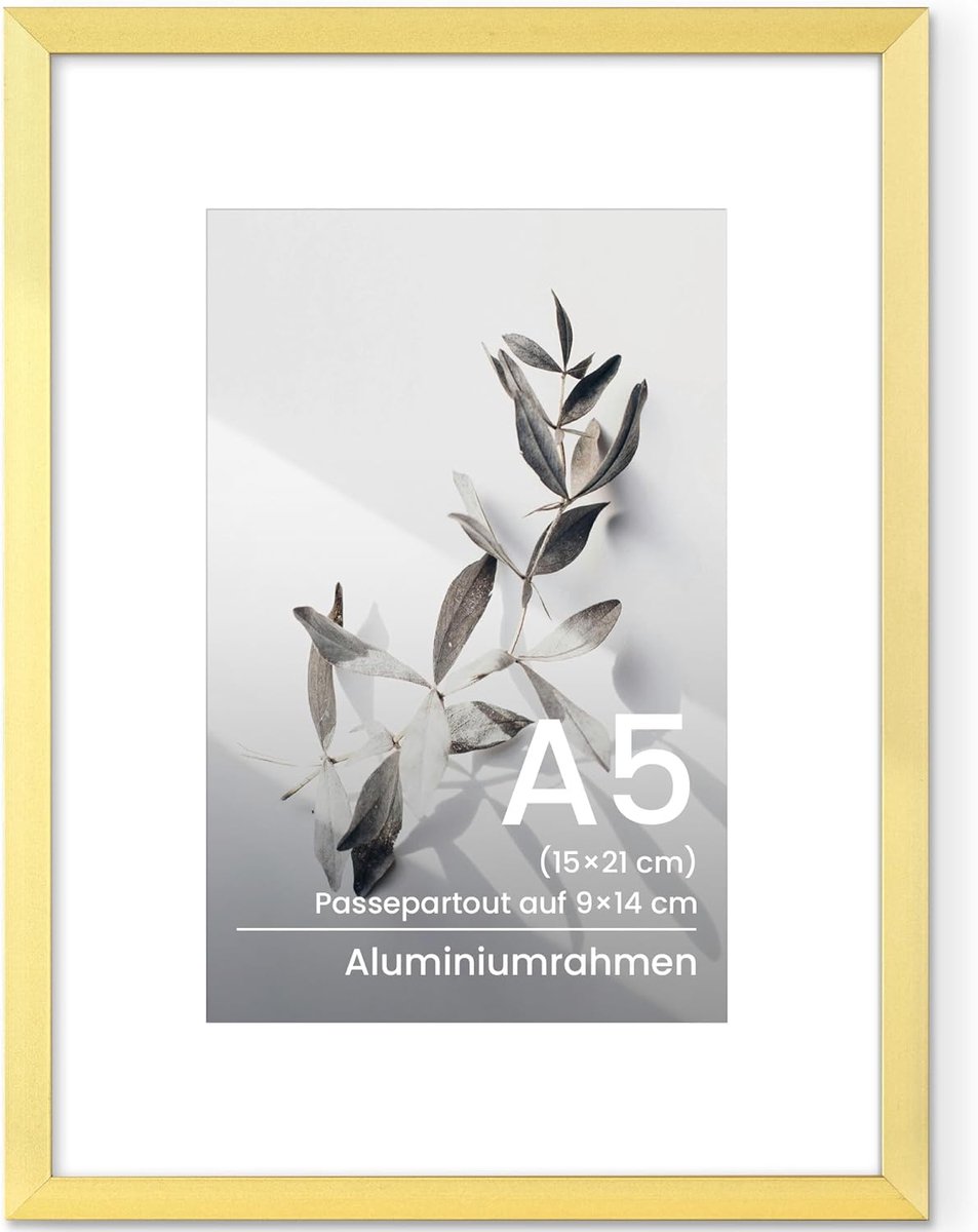 Aluminium Fotolijst A5 15 x 21 cm met Gehard Glas Goud