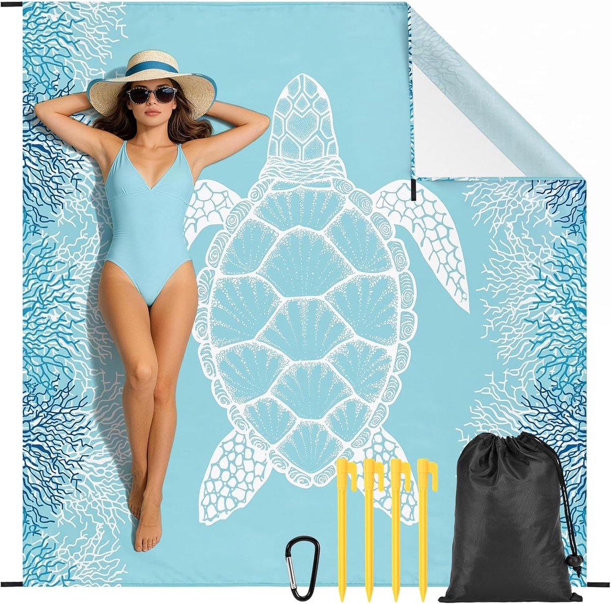 SnelShoppen - XXL Stranddeken, Zandvrije Strandmat, Waterdichte Strandhanddoek, Grote Zanddeken, Zandbestendig Strandlaken met 4 Tentstokken en Draagt