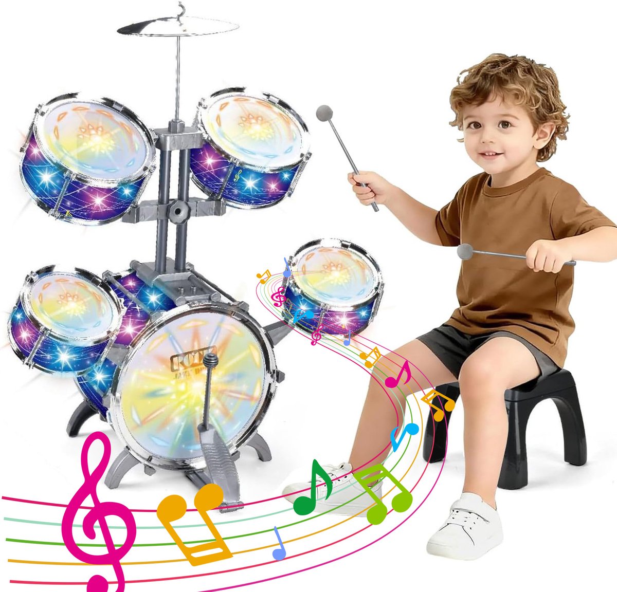 Kinder Drumstel - Speelgoeddrumstel - licht en geluid - 30° kantelhoek - Muzikaal Speelgoed - voor muziekonderwijs en peuters - Jongens en Meisjes