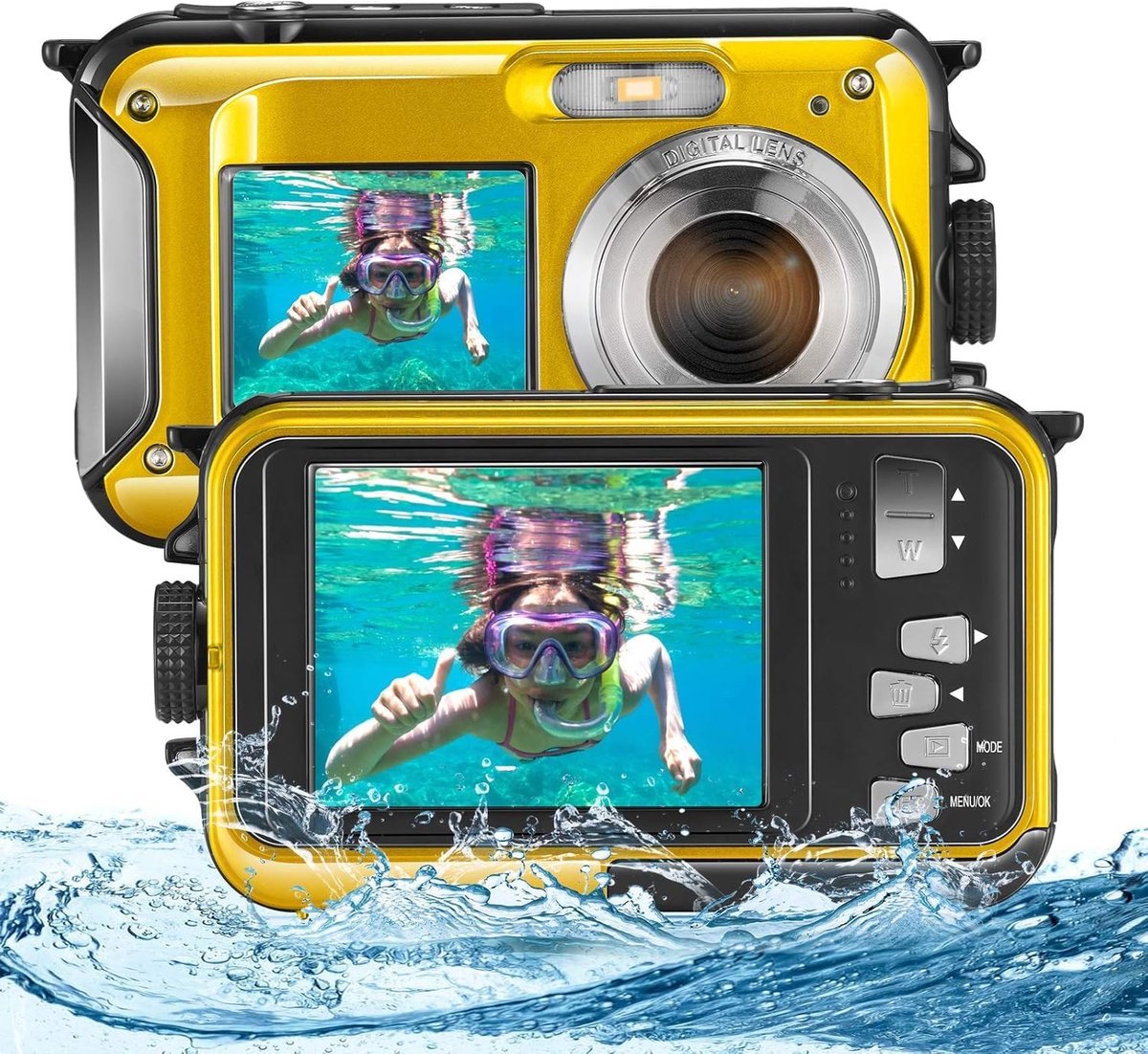 SnelShoppen - Digitale Waterdichte Camera Full HD 2,7 K 48 MP Onderwatercamera 16x Zoom Dubbel Scherm Geel voor Jongeren Studenten Beginners