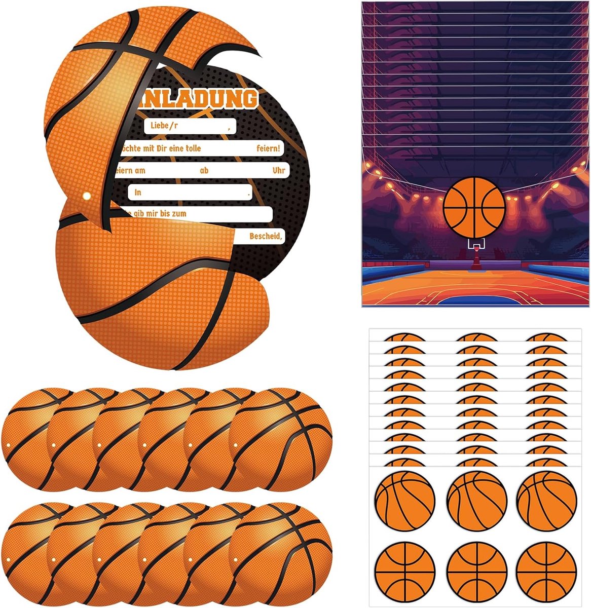 SnelShoppen - 12 sets basketbal uitnodigingskaarten voor kinderverjaardag, feestkaarten met enveloppen en stickers, sportdesign voor jongens en meisje