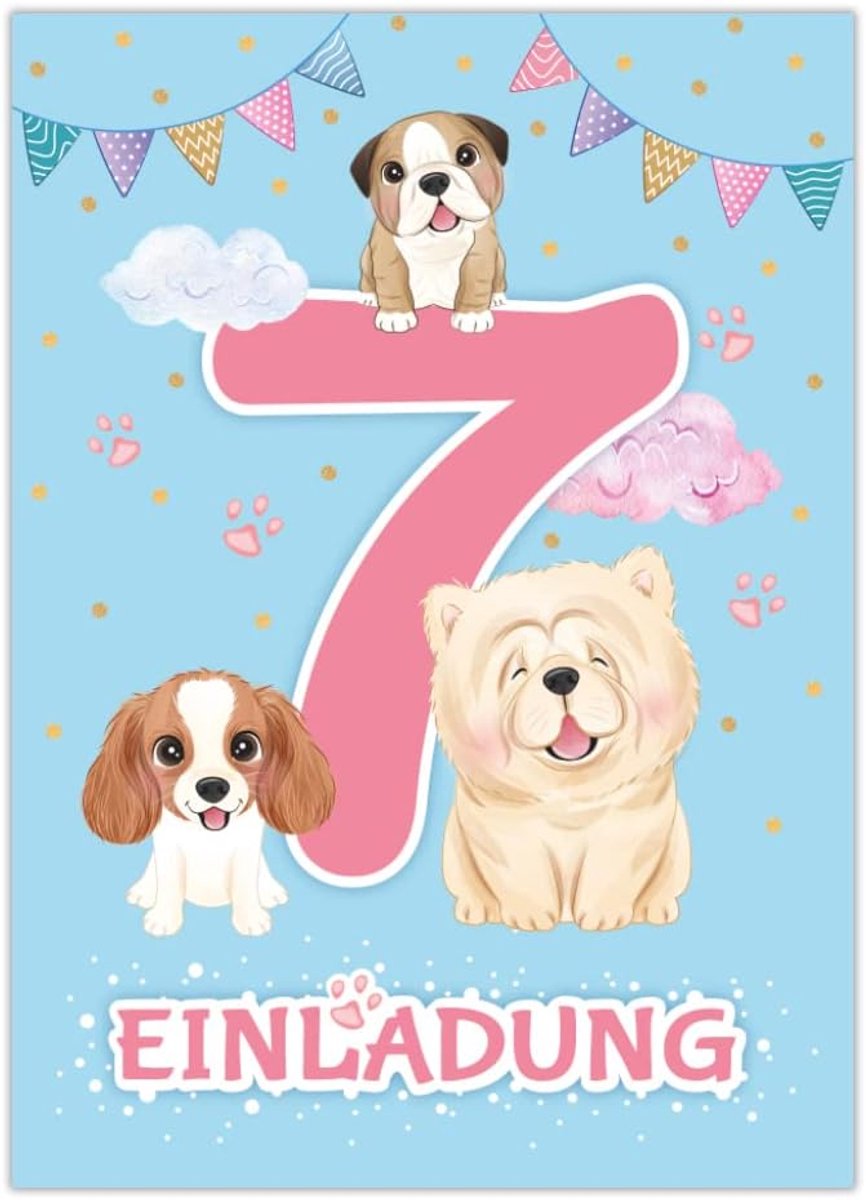 SnelShoppen - 12 Uitnodigingskaarten 7e Kinderverjaardag Meisjes Honden A6 Formaat met UV-lak - Perfecte Uitnodigingen voor Feestjes en Verjaardagen