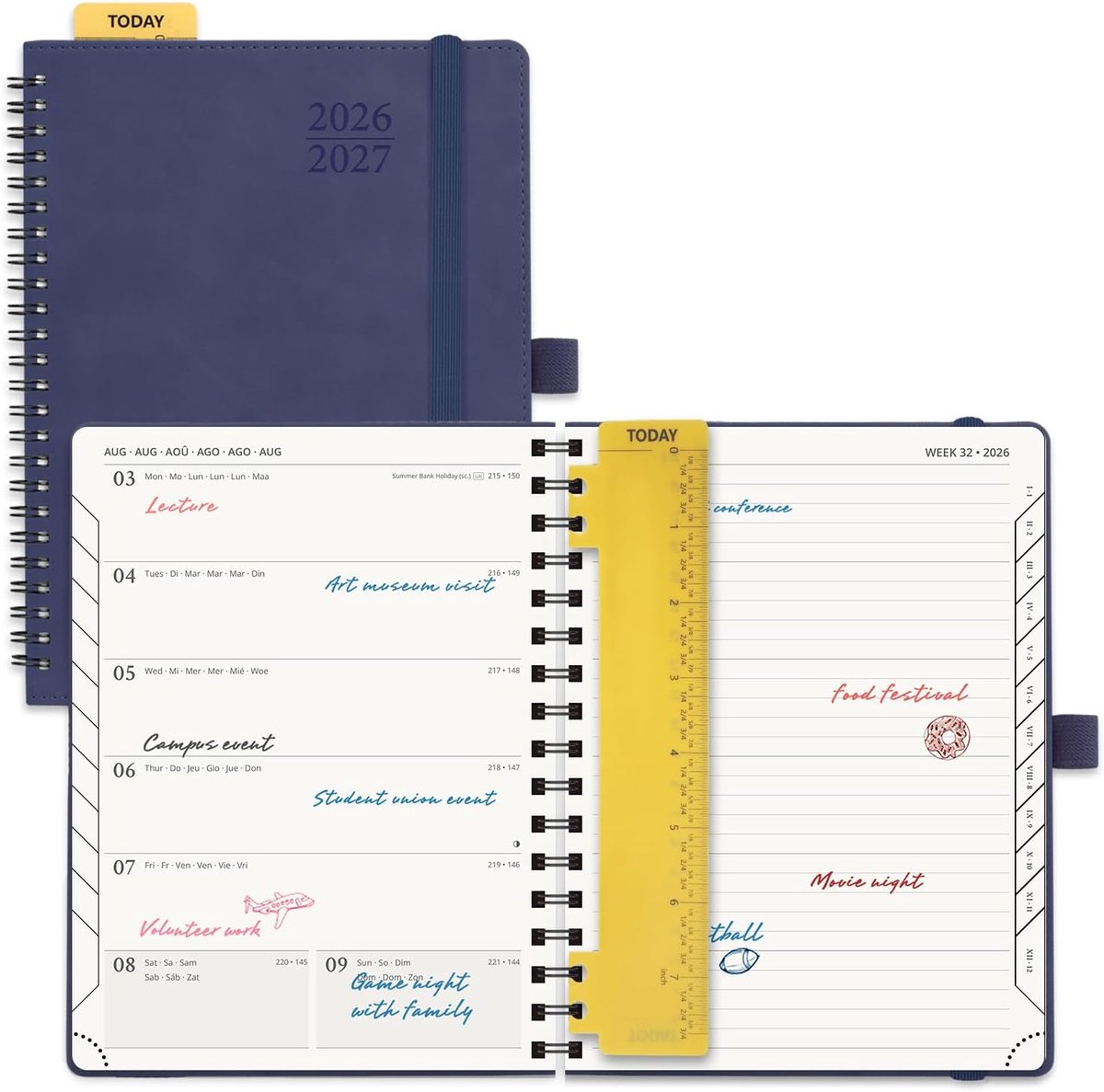 SnelShoppen - Weekplanner Agenda 2026 2027 - Notitieboek met Maandtabbladen - Zachte Spiral Binding - 22 x 16,5 cm - Marineblauw - 17 Maanden - 80 GSM