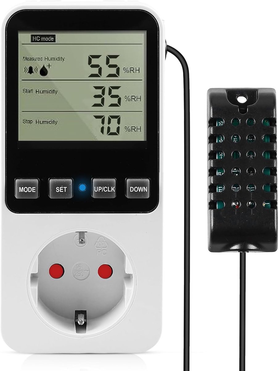 SnelShoppen - 230 V Temperatuur- en Vochtigheidsregelaar met Sonde, Digitale Thermostaat, Hygrostaat met Stopcontact, Timer, Alarm voor Kassen, Aquari