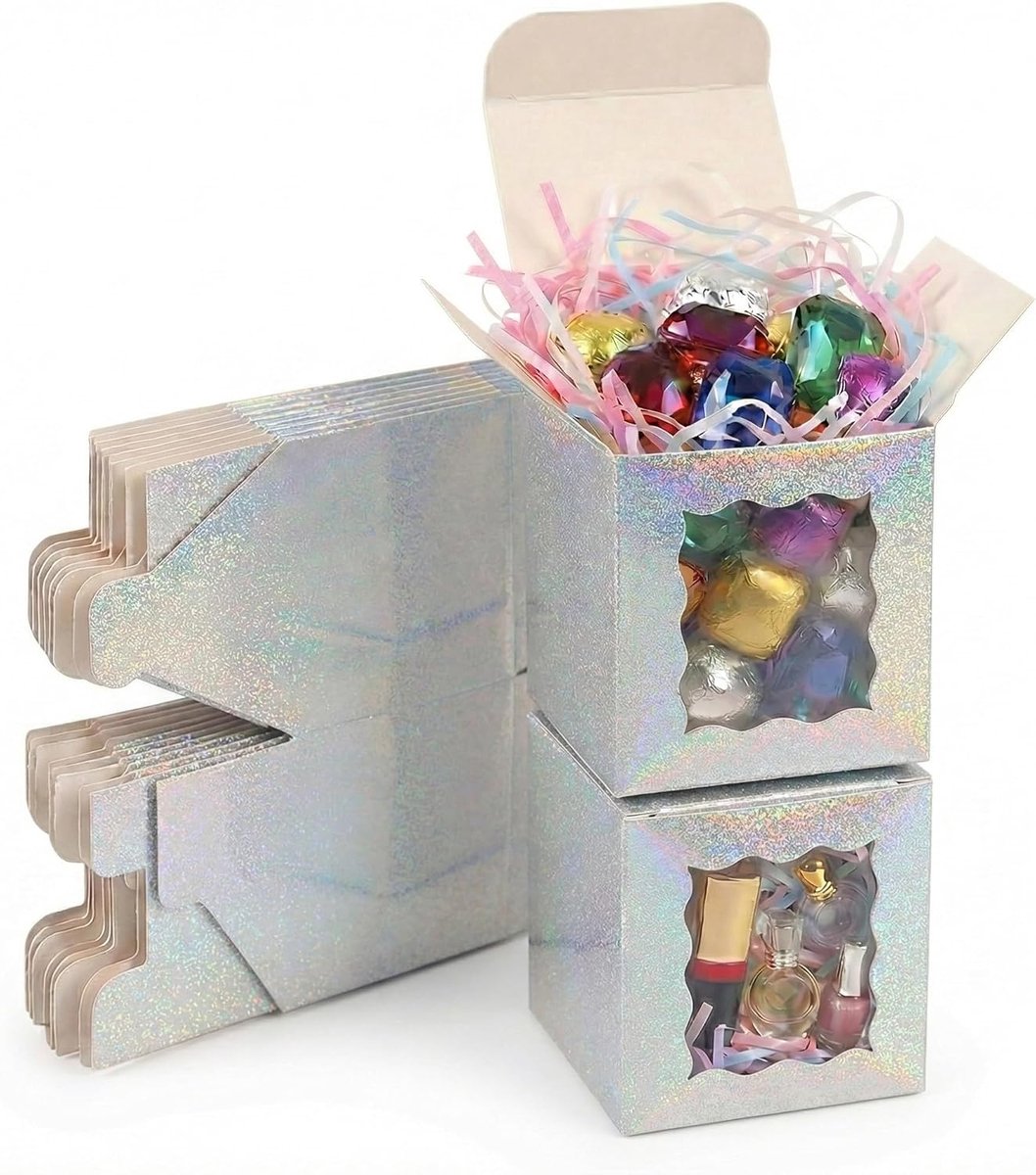 SnelShoppen - 25 Stuks Holografische Zilveren Cadeaudozen met Golvend Venster - Luxe Kartonnen Geschenkdozen 10x8x10cm voor Bruiloften, Verjaardagen e
