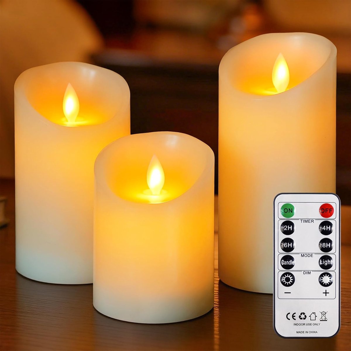 Thijox - Vlamloze LED-kaarsen met Afstandsbediening en Timerfunctie, Echte Was, Beweegbare Dochten, Ivoor, 3-pack Flikkerend, 7,5cm x 10cm, 12,5cm, 15