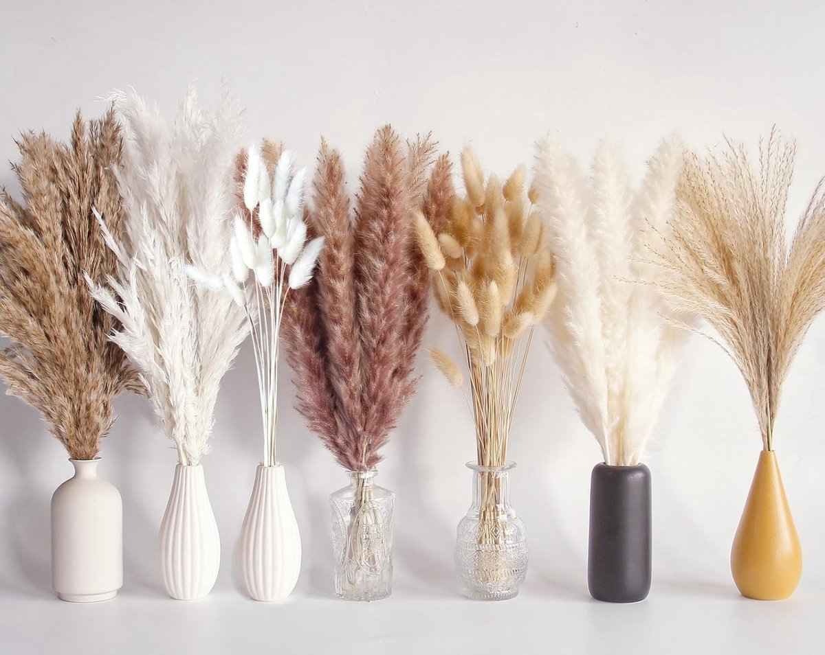 SnelShoppen - 125 Dried Pampas Grass Bouquet - Boho Tafel Decoratie - Gedroogde Bloemen met Konijnenstaart - Bruin en Wit Pampas Grassen voor Bruiloft