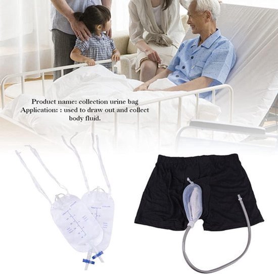 Collectie urinezak met twee zakken, gedragen door een oudere man in bed, met een gezin op de achtergrond.
