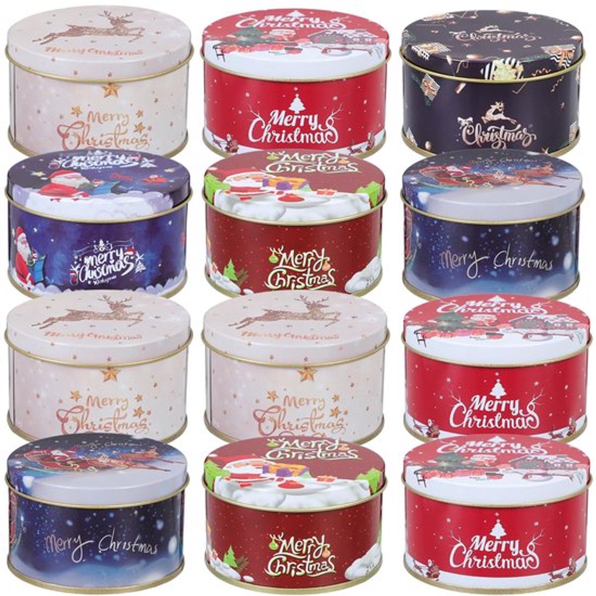 stukken mini kerst koekjesdozen met deksel voor cadeau's, bedrukte ronde metalen blikken met deksel voor koekjes, snoep, kerstvakantie (5,95 x 1,77 inch)