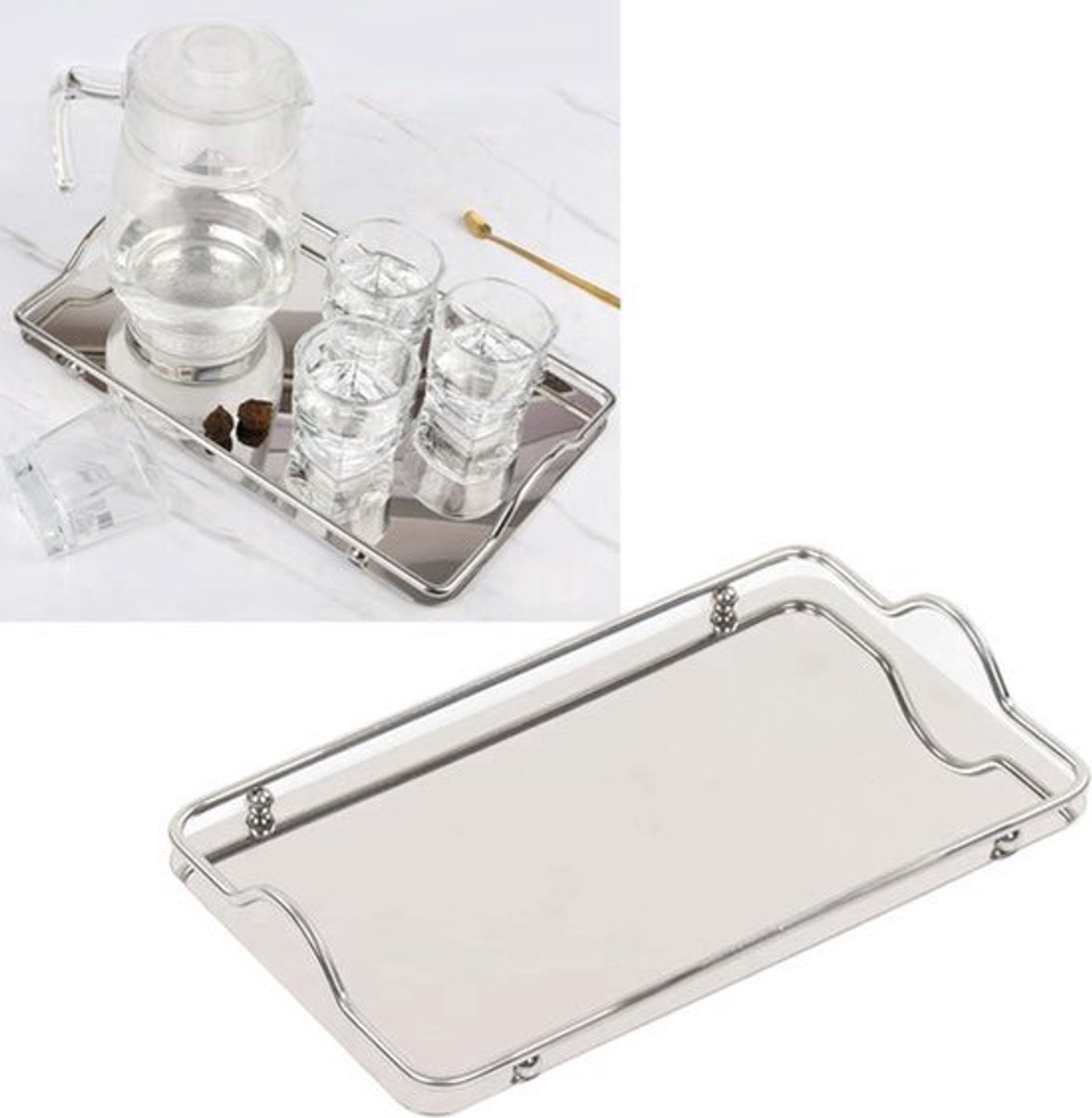 RVS dienblad rechthoekig met handvat - Decoratief dienblad voor diner, koffie, dessert, fruit - RVS serveerblad met handvat voor op tafel