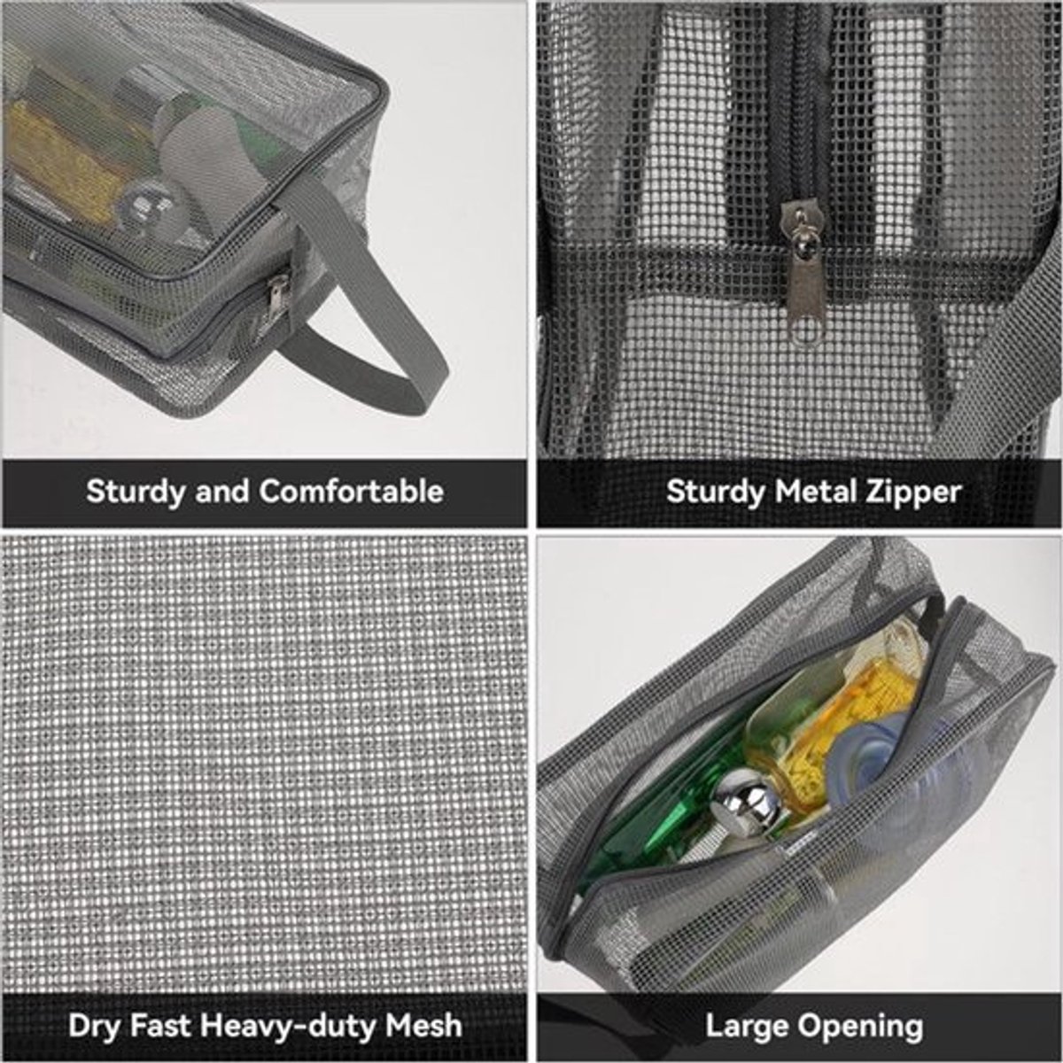 Draagbare mesh douchecaddy - Sneldrogende draagtas met rits voor sportschool, reizen, kamperen, zwemmen en strand (grijs)