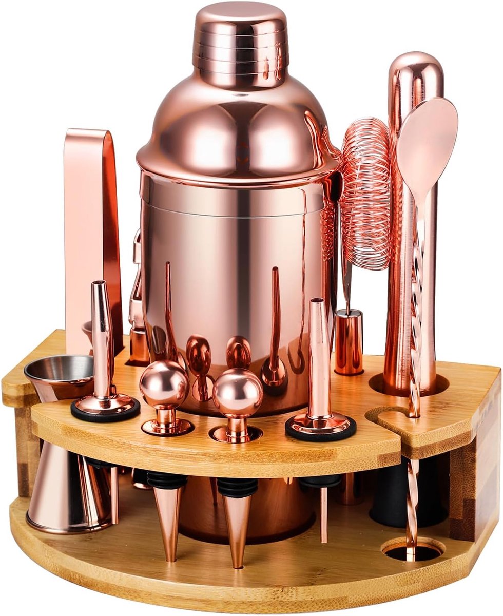 Thijox - Cocktailshakerset met Bamboestandaard - 12-delige Roestvrijstalen Barkeeperset - Inclusief Cocktailrecepten - Roségoud - Perfect voor Feesten
