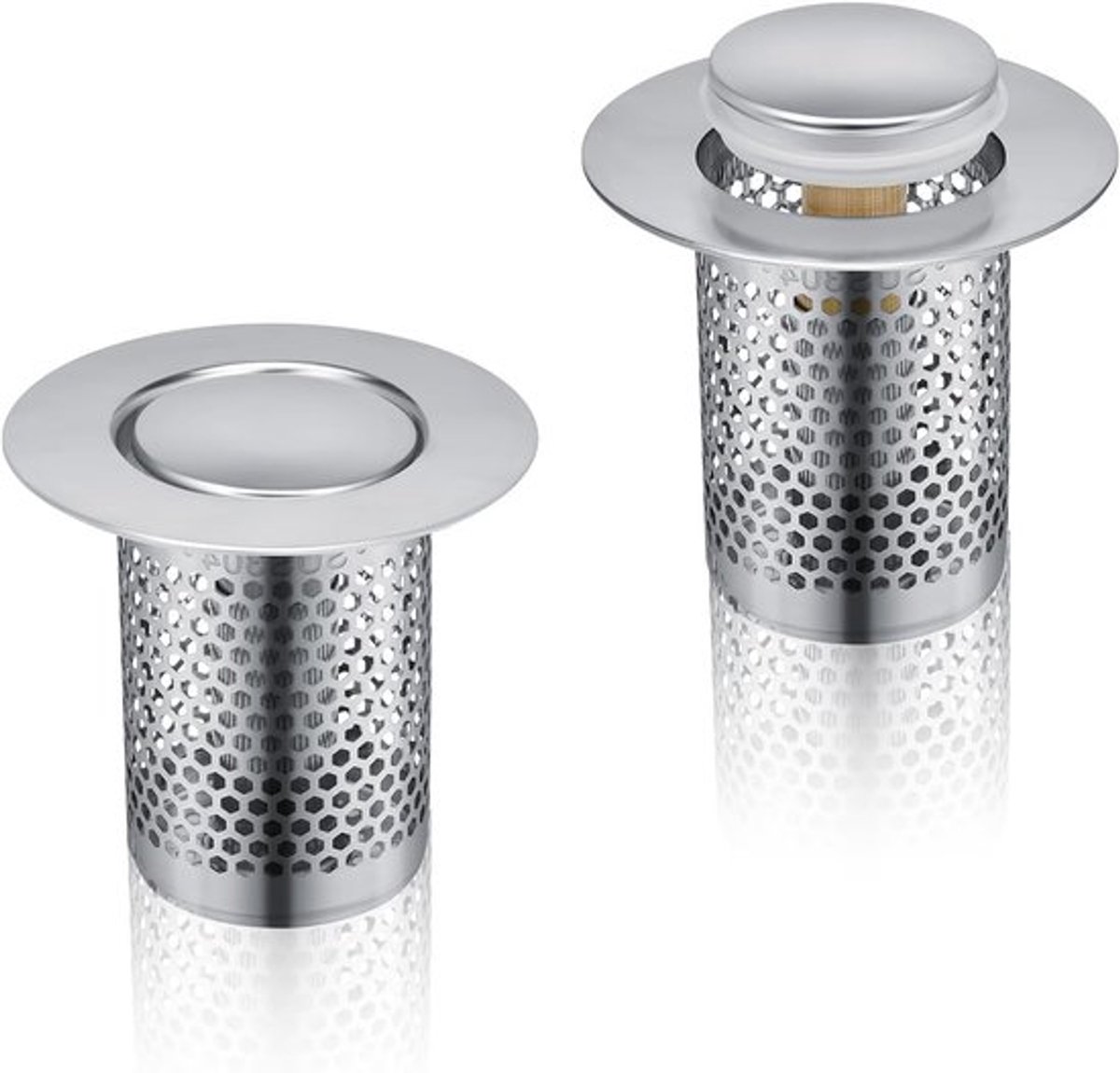 Verpakking van 2 33 × 50 mm afvoerzeef, koperen kern roestvrijstalen afvoerhaaropvanger, stuiterend ontwerp, gootsteenzeef anti-verstopping, geschikt voor het filteren van haar en etensresten