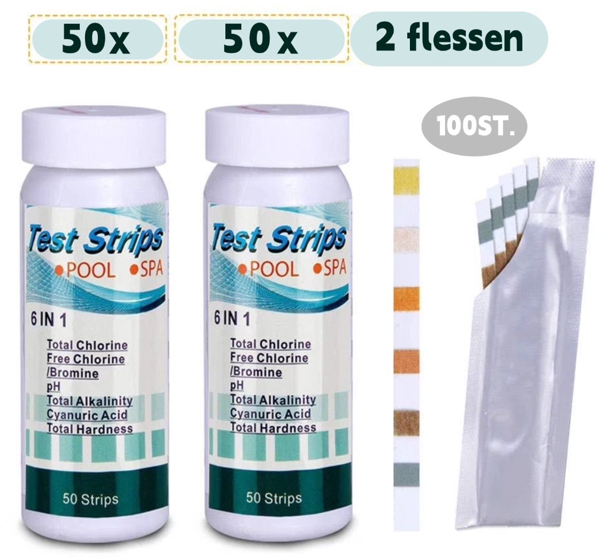 6-in-1 Watertester - 100 Teststrips - 2 flessen - Aquarium teststrips - Zwembad test strips - Waterkwaliteit - Zwembadonderhoud - voor het Totaal chloor, pH-waarde, restchloor, totale alkaliteit, totale hardheid，cyanuurzuurtestpapier