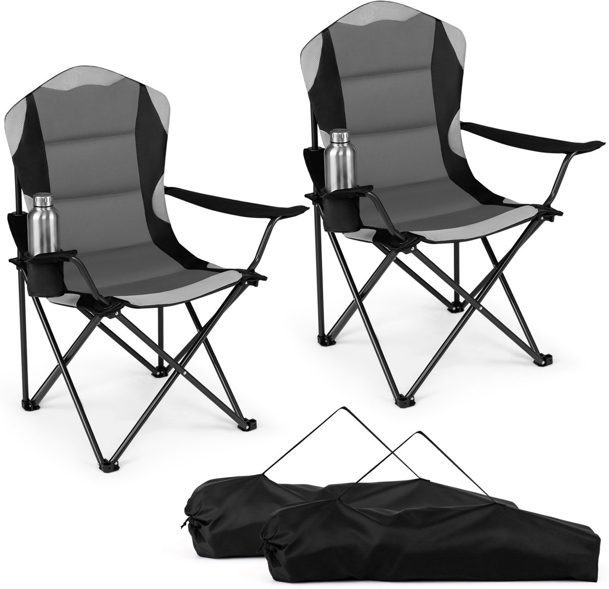 COSTWAY Campingstoel opvouwbaar XXL 150KG belastbaar (zwart, 2) | Vouwstoel, gevoerd, extra grote visstoel met bekerhouder, vouwstoel voor camping, picknick