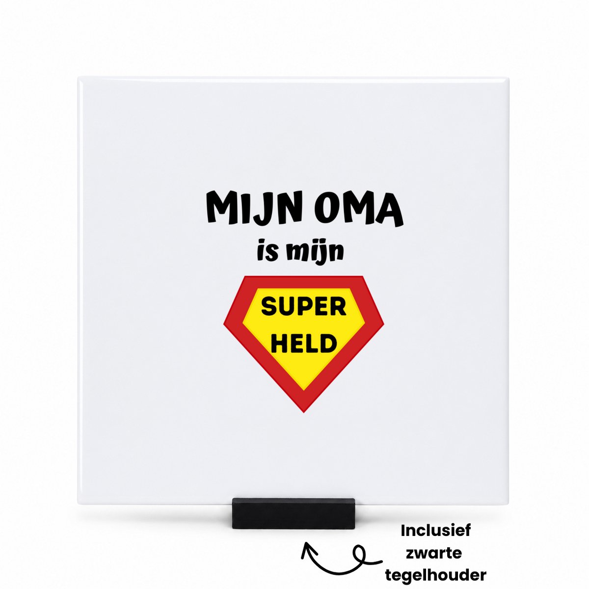 Hacebo mijn oma is mijn superheld tegeltje met tegelhouder - Oma - super oma - tegeltjes met tekst - verjaardag - cadeautje voor oma - oma artikelen - kado - geschenk - spreuktegels - 15x15 CM Wit