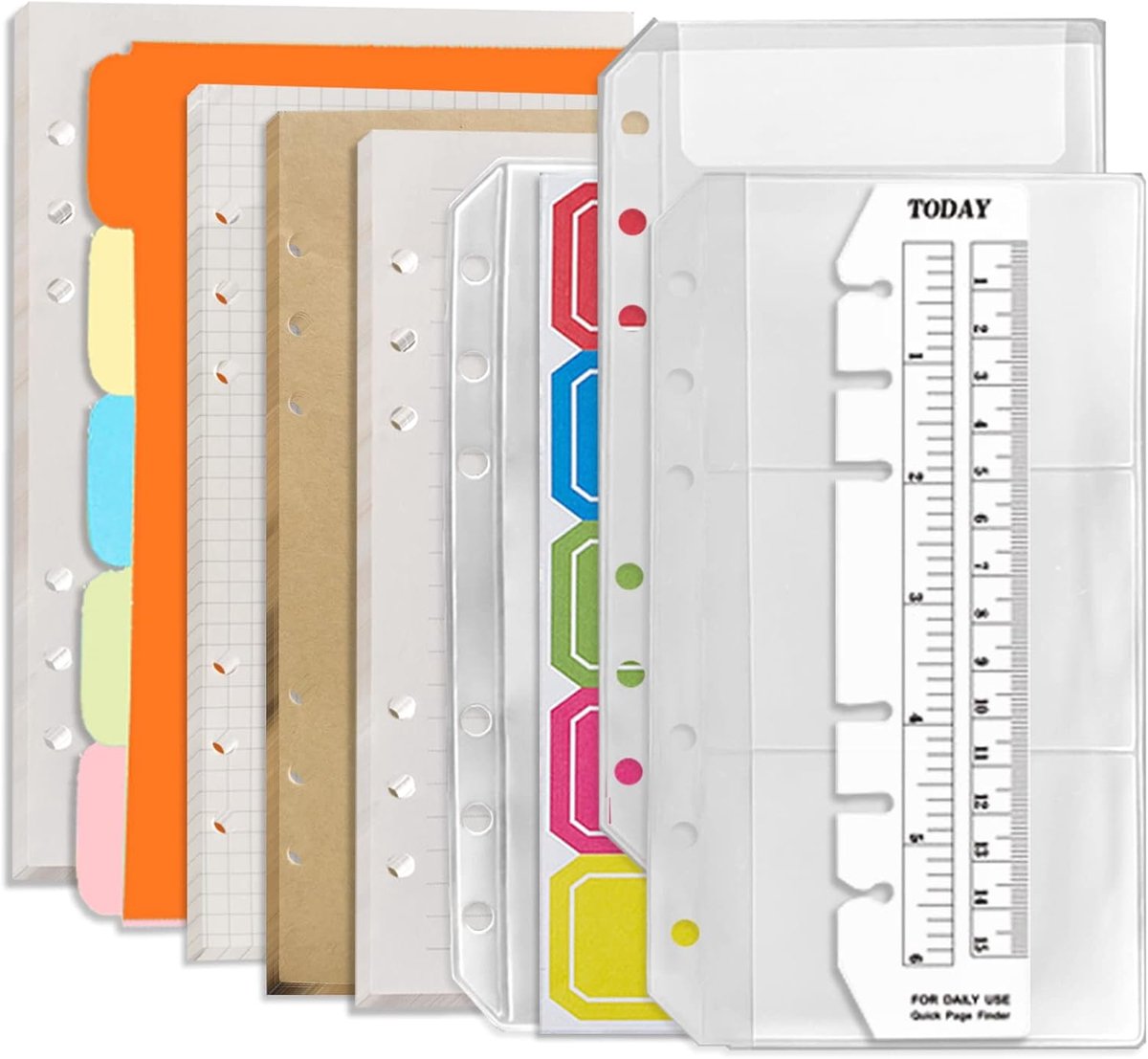 SnelShoppen - A6 6-Hole Notitieboek Navullingen Set - 180 Vellen Gridded, Lined, Kraft & Lege Bladen - Inclusief Zipper Binder, Dividers & Liniaal - P