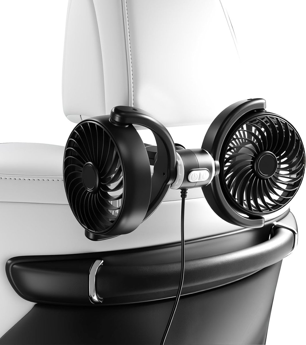 SnelShoppen - D-Lumina 12V Auto Ventilator met Dubbele Kop, 360° Draaibaar, 3 Snelheden, USB Aansluiting, Ideaal voor SUV, RV en Limousine, Zomer Reis