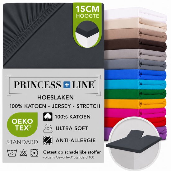 Donkergrijs hoeslaken, 100% katoen jersey stretch, Oeko-Tex gecertificeerd. Stapel hoeslakens in vele kleuren op de achtergrond.