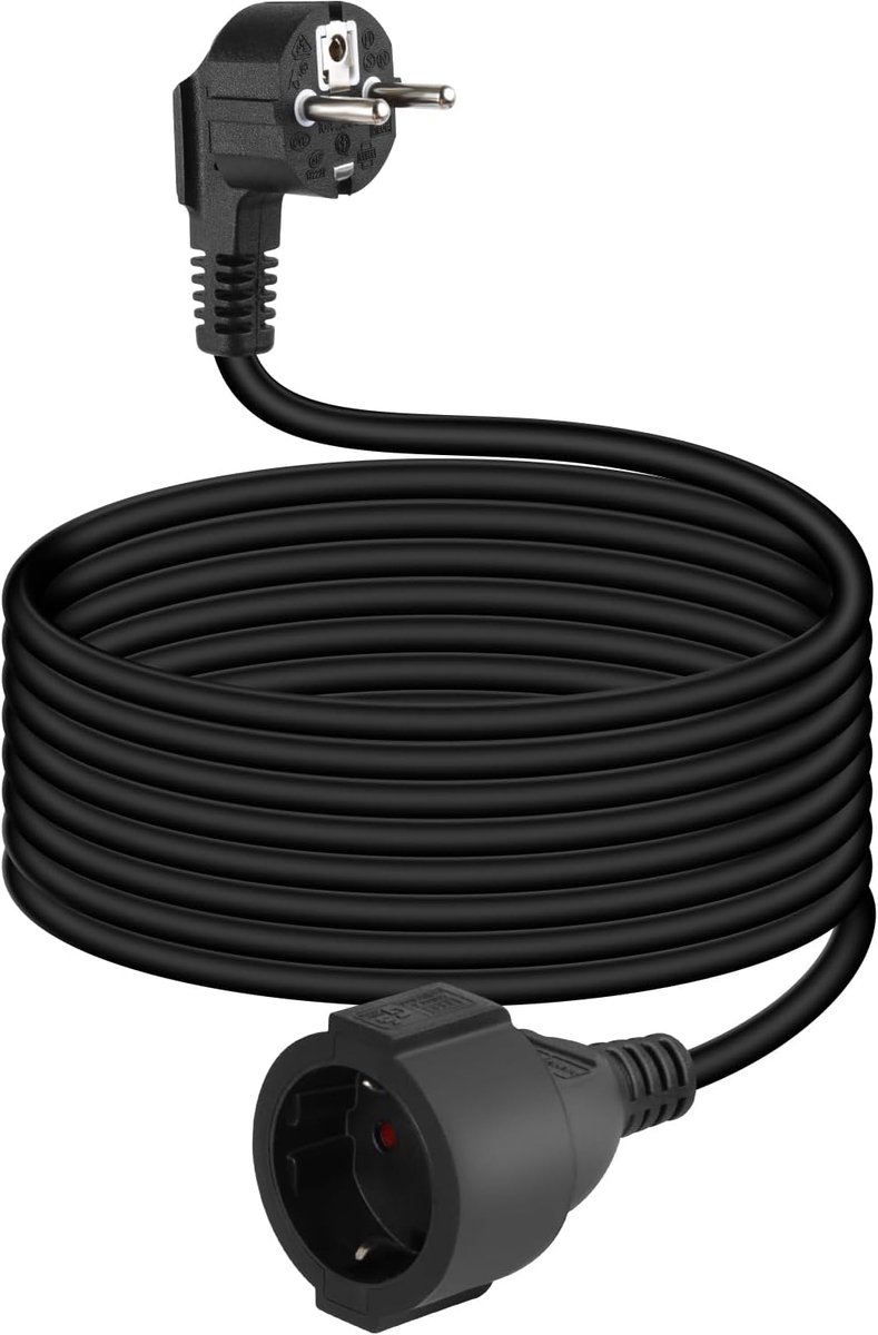 SnelShoppen - Schuko Verlengsnoer 90° Hoek Kort 5m 3G1.5 mm² met Stekker en Bushing, Aardingskabel Zwart voor Thuis, Tuin, Camping, Feest