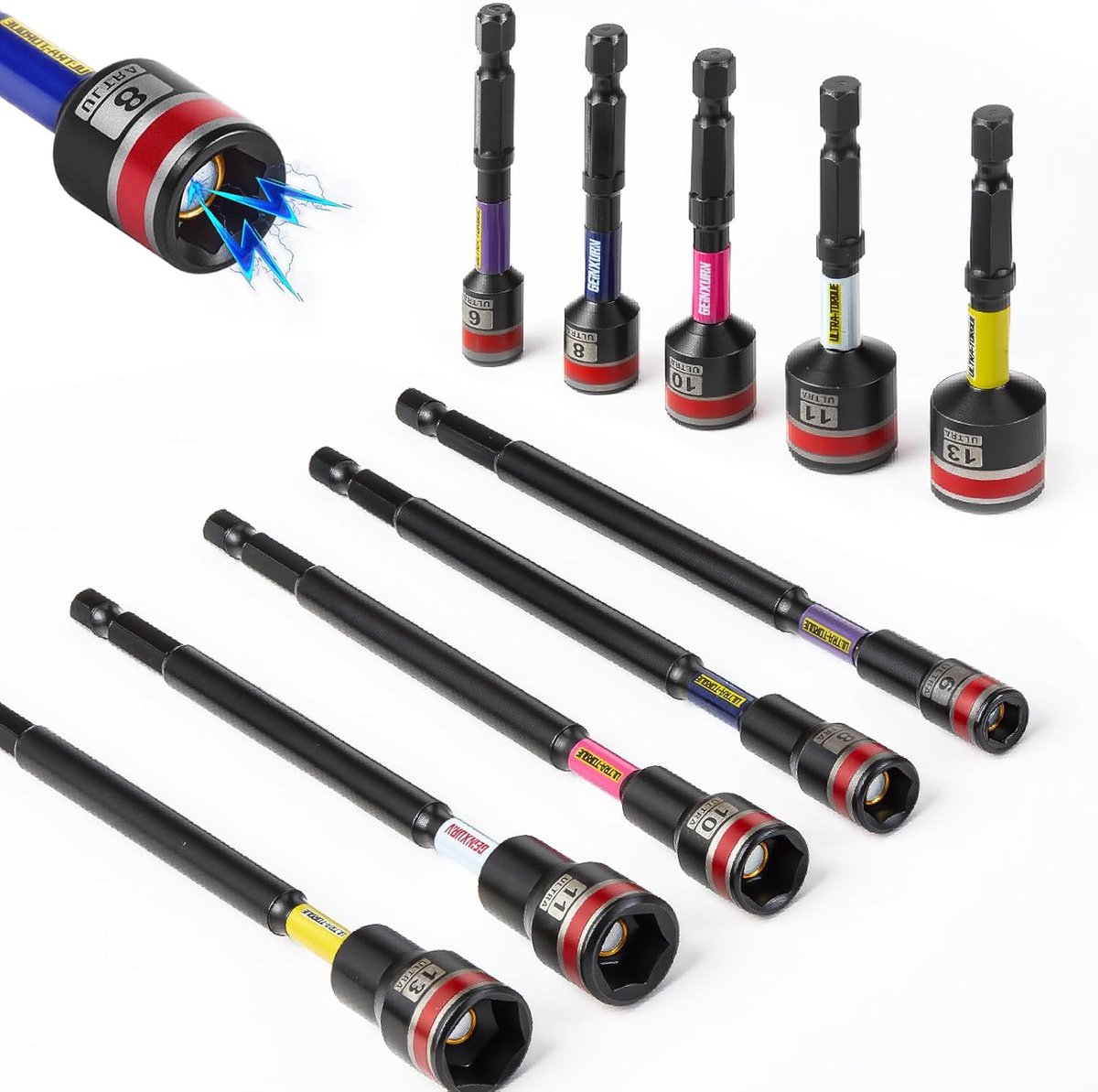 SnelShoppen - 10-delige Magnetische Hex Steeksleutel Set, 65mm 150mm Lang, Metalen Steeksleutels 6mm, 8mm, 10mm, 11mm, 13mm, 1/4 Inch Hex Schacht, Voo