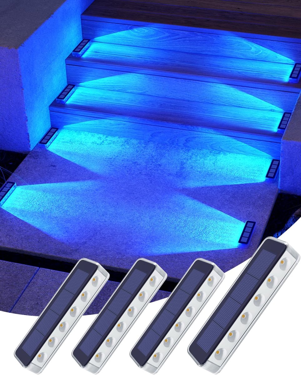 SnelShoppen - 4 Stuks Solar Tuinverlichting IP68 Waterdicht LED Tuinlampen, Blauw Licht Trappenverlichting, Buitenverlichting voor Tuin, Patio, Trappe