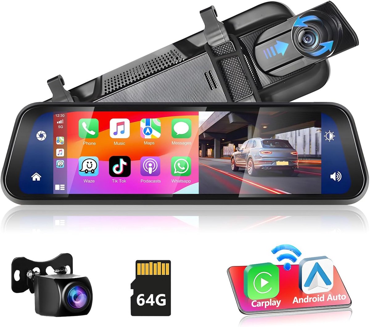 SnelShoppen - Podofo Mirror Dashcam met Draadloze Carplay, Android Auto, HD Achtercamera, 9.66 inch IPS Touchscreen, Dual 1080P, Bluetooth, Voor Auto'