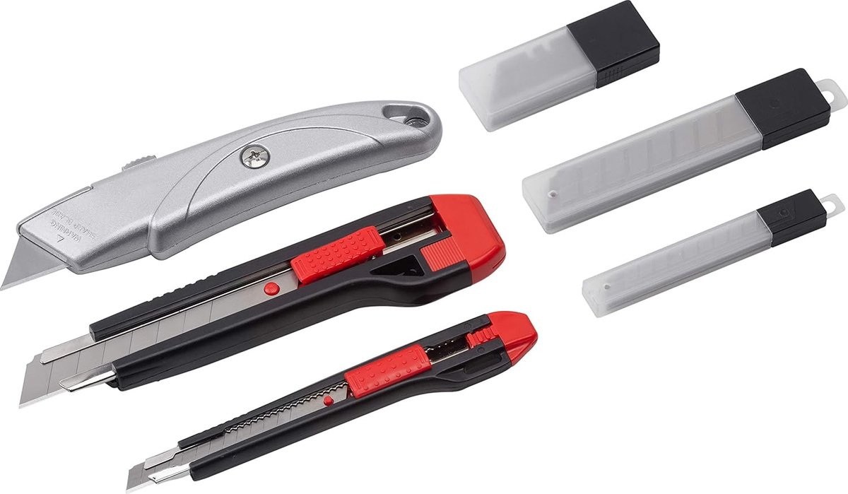 SnelShoppen - Universele mes set 33-delig - Snap-off mes (18 mm en 9 mm) met reservebladen - Snijgereedschap voor alle materialen - Tapijtmes met trap