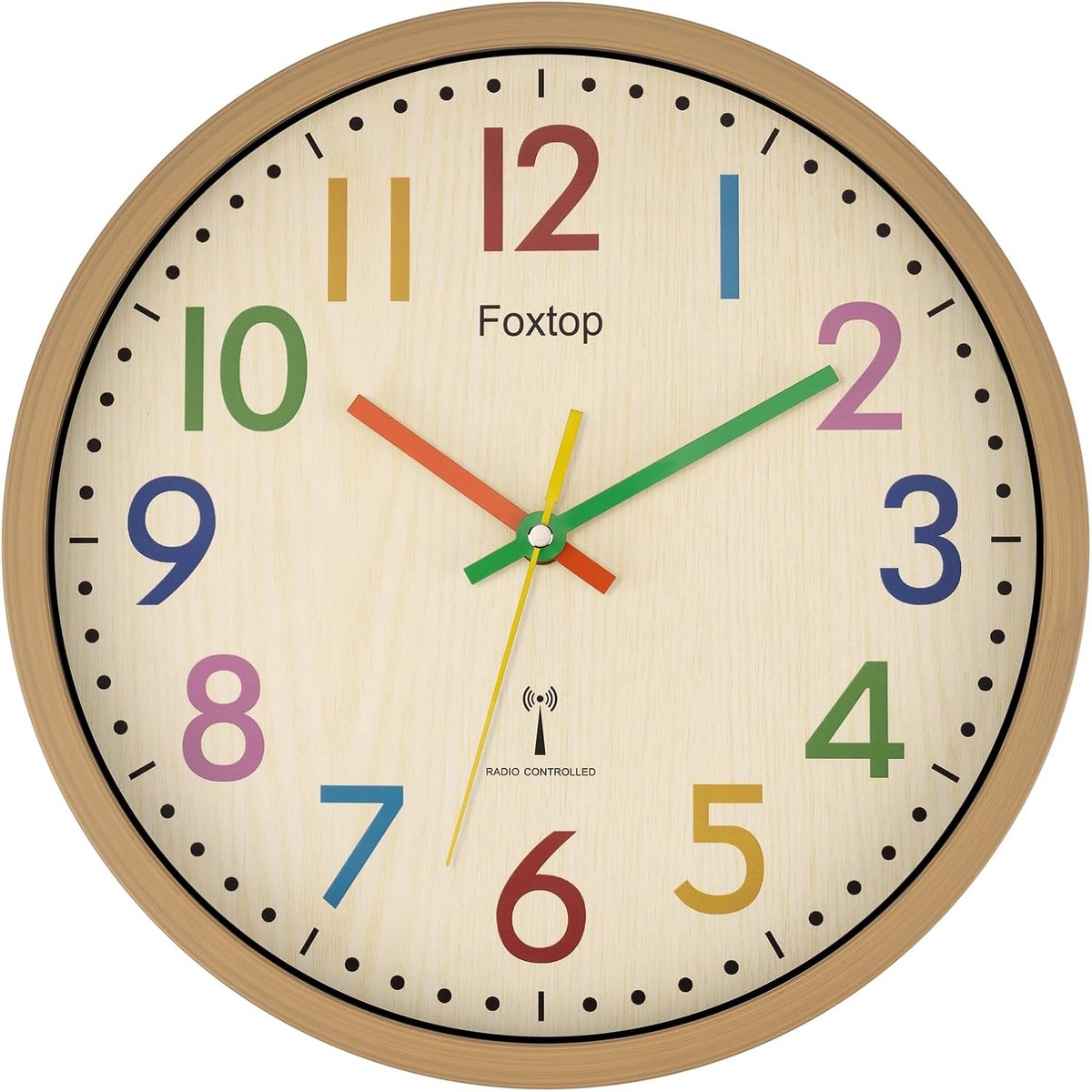 SnelShoppen - Foxtop DCF Wireless Wandklok - Stille, Kleurrijke Kinderklok 30 cm voor Kinderen, Perfect voor Kinderkamer, Keuken, Woonkamer en School