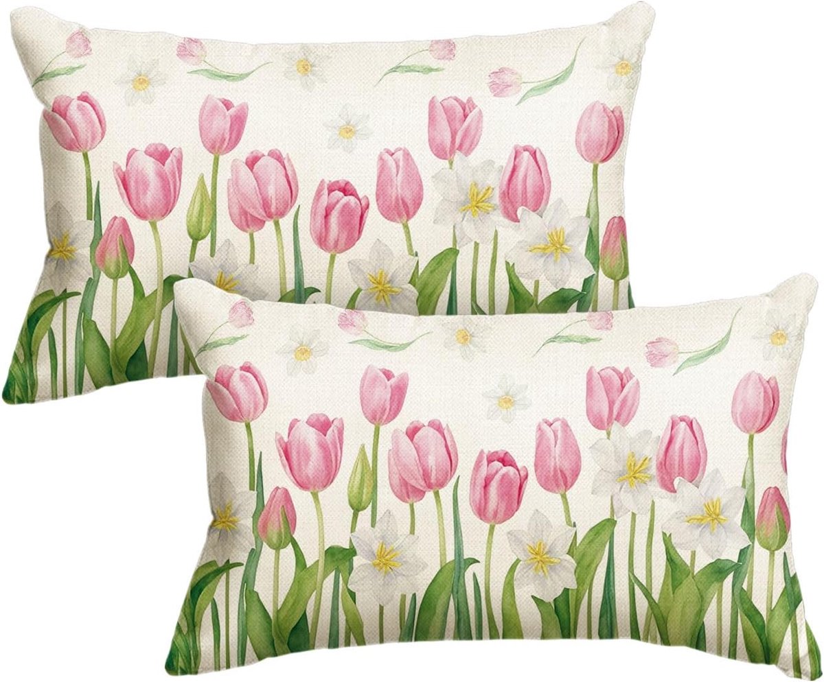 SnelShoppen - Pack van 2 Tulip Daisy Kussenhoezen 30 x 50 cm - Zomer Decoratie voor Bank, Sofa, Tuin en Feest - Wasbare Polyester Kussen Covers
