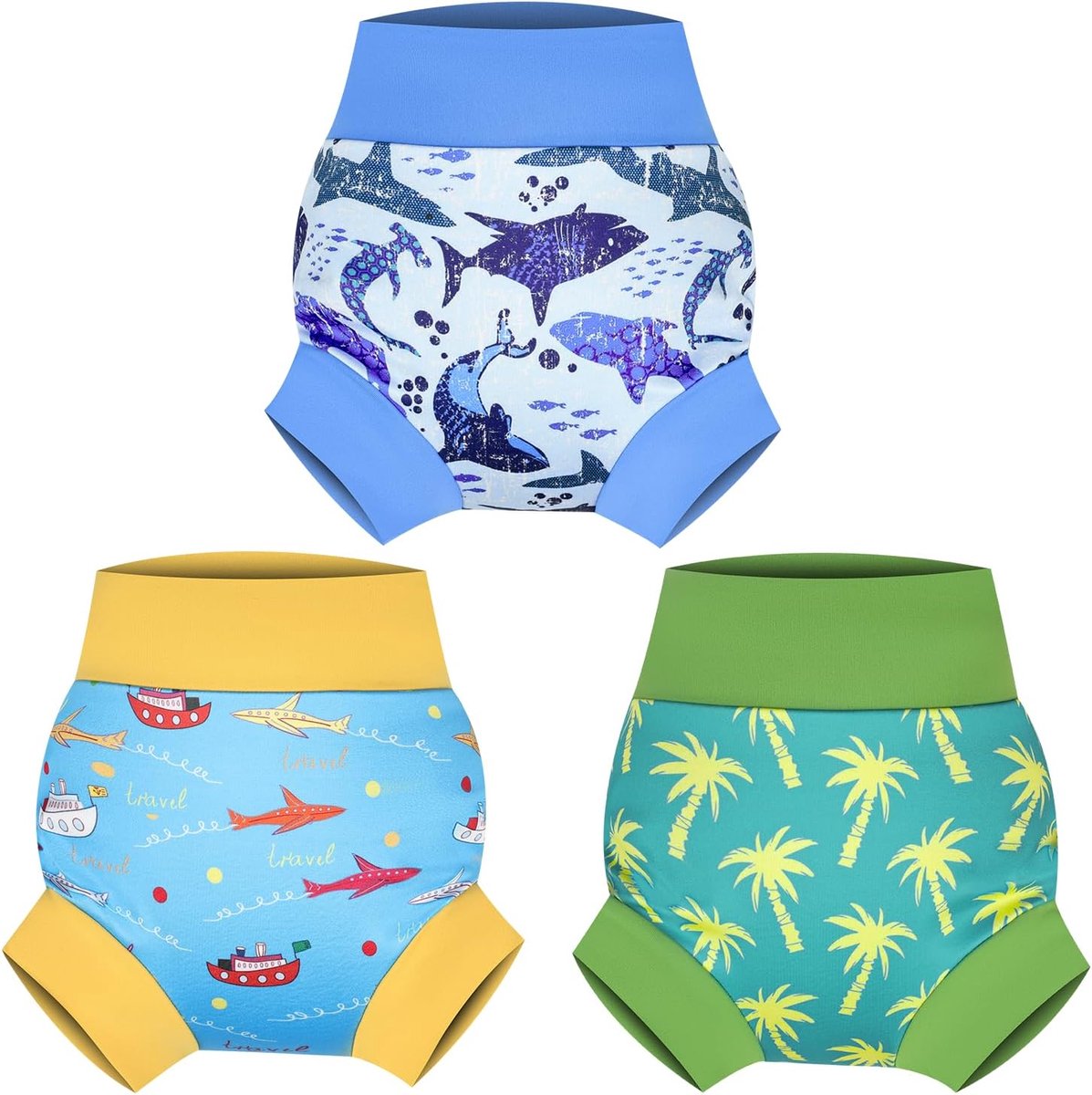 SnelShoppen - Herbruikbare Zwemluier voor Baby's, Boot+Haai+Coconut Forest, 4 Jaar, Elastische Tailleband, Ideaal voor Zwembad en Strand