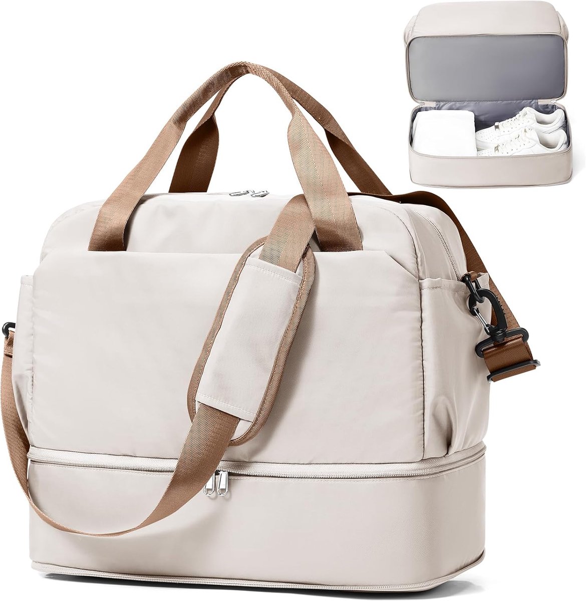 SnelShoppen - Travel Bag Duffle Bag voor Vrouwen - Handbagage Weekendtas - Waterdichte Sporttas - Gymtas - 40x30x20 cm - Beige Bruin - Perfect voor Re