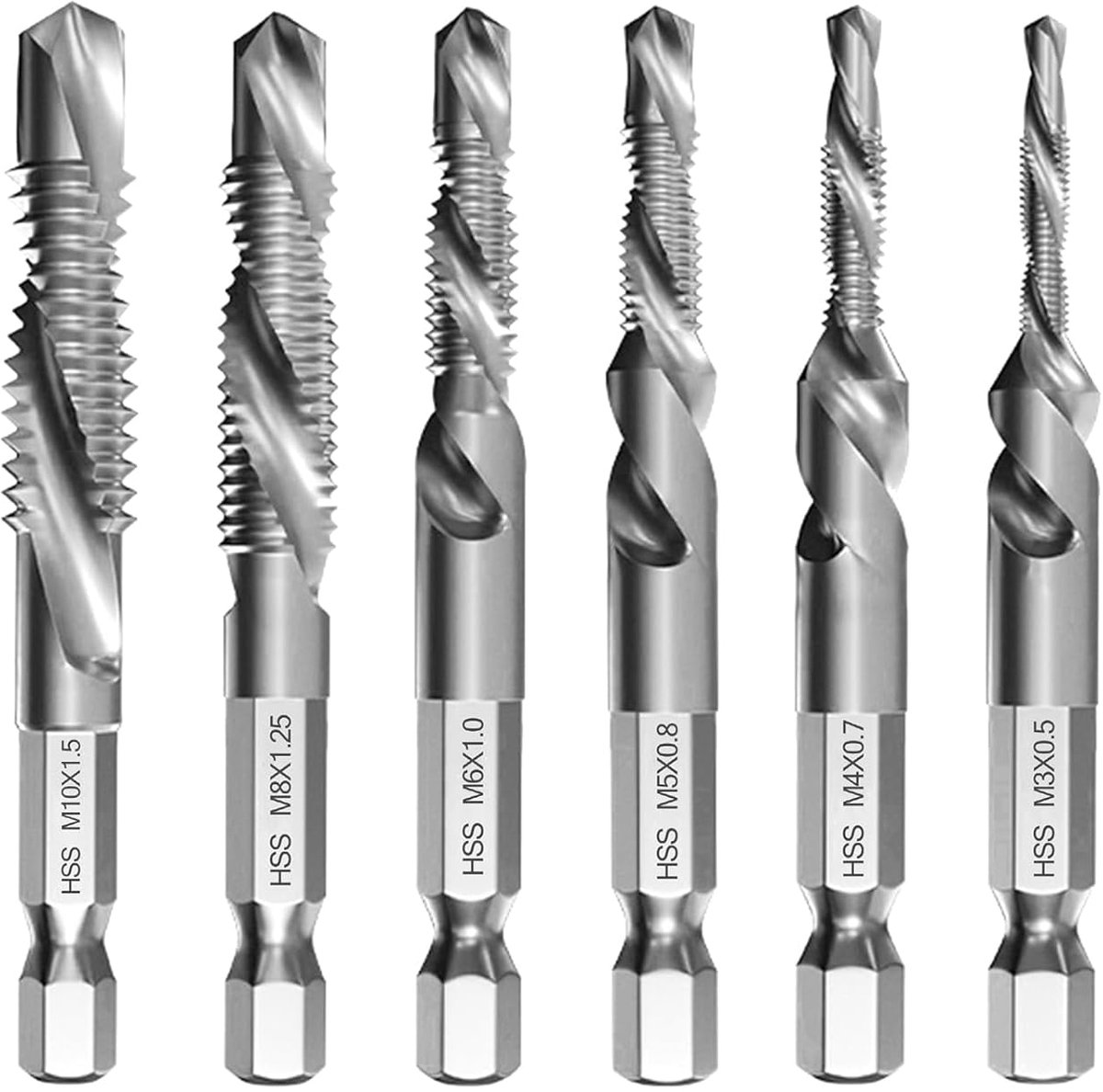 SnelShoppen - Set van 6 Draadboren M3 M4 M5 M6 M8 M10 met Hexaansluiting 6 mm voor Gelijktijdig Boren en Draad Snijden - RVS Coating voor DIY Projecte