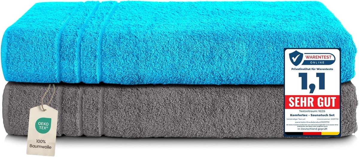 SnelShoppen - Set van 2 XXL Sauna Handdoeken 80x200 cm - 100% Katoen - Sneldrogend en Hoog Absorberend - Zacht en Comfortabel - Anthraciet & Turquoise